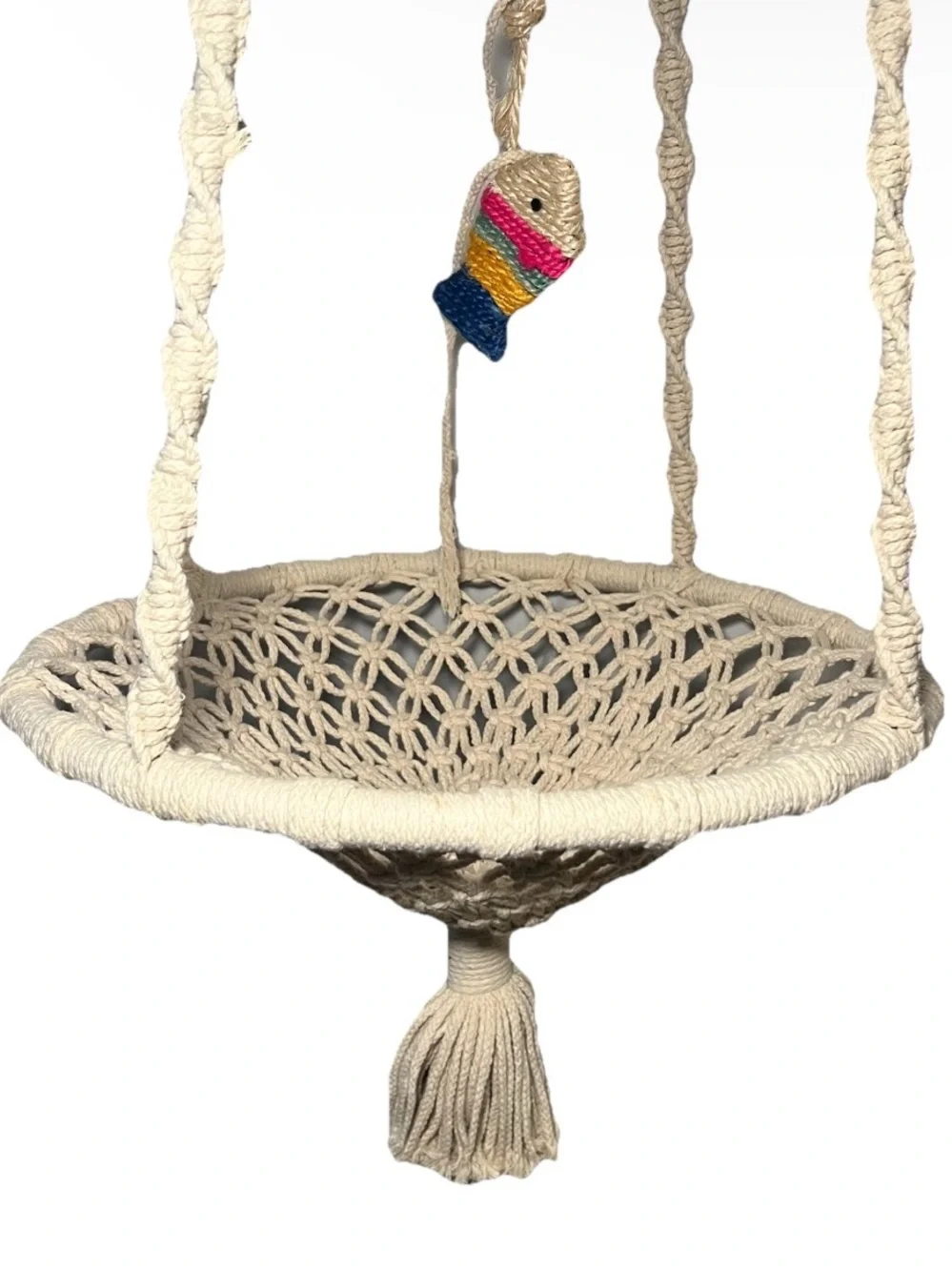 Boho Macrame Hanging Swinging Round Cat Bed With Fish Toy Attachment Gold Chain
